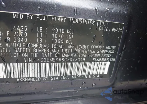 2012 Subaru Legacy 2.5I Limited из США, поврежденный, VIN 4S3BMBK68C3043319